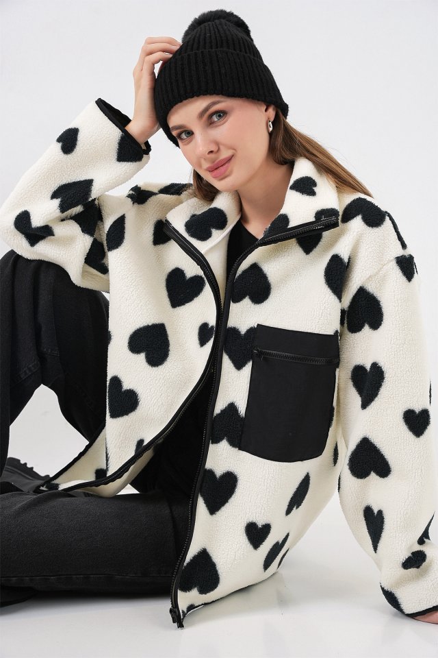 55446 Fermuarlı Oversize Peluş Ceket Mont - K. Siyah