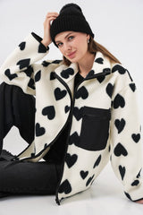 55446 Fermuarlı Oversize Peluş Ceket Mont - K. Siyah