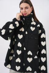 55446 Fermuarlı Oversize Peluş Ceket Mont - K. Siyah