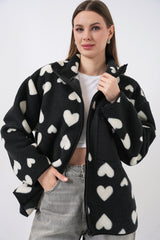 55446 Fermuarlı Oversize Peluş Ceket Mont - K. Siyah