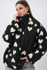 55446 Fermuarlı Oversize Peluş Ceket Mont - K. Siyah