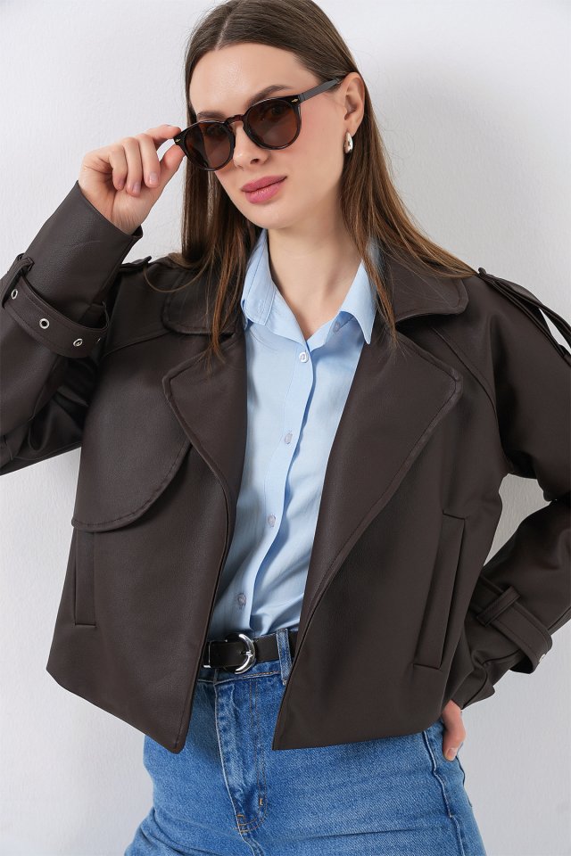 Oversize Deri Mont Ceket 1047 - Kahverengi