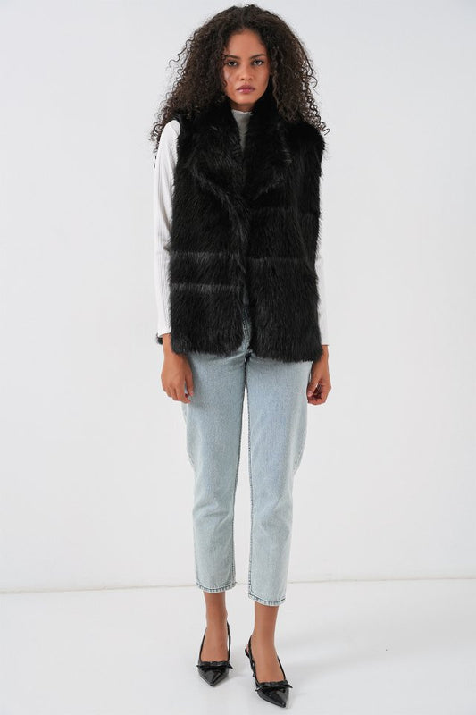 6804 Kürklü Yelek - Siyah