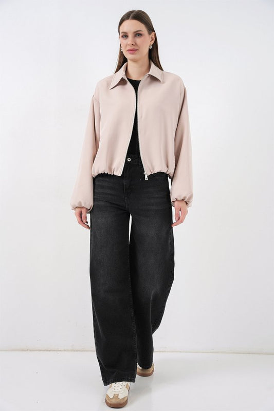 Oversize Fermuarlı Ceket 0735 - Krem