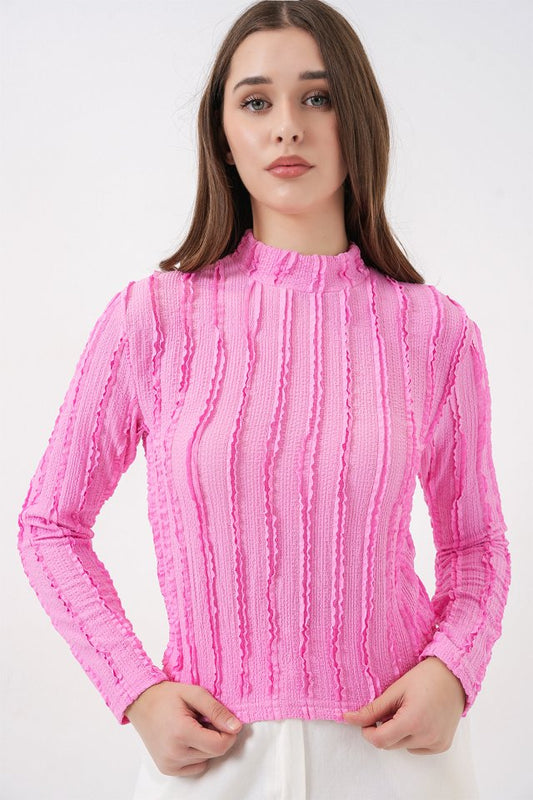 Dokulu Esnek Örme Bluz 975 - Pembe