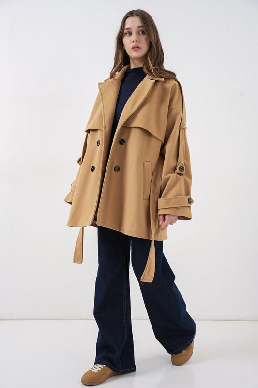 Kuşaklı Oversize Kaşe Kaban 9157 - Hardal