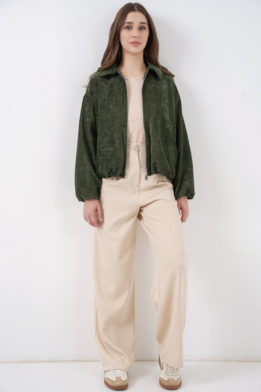 Büzgülü Oversize Kadife Ceket 0733 - Haki