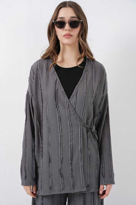 Örme Kimono Pantolon İkili Takım 30067 - Gri