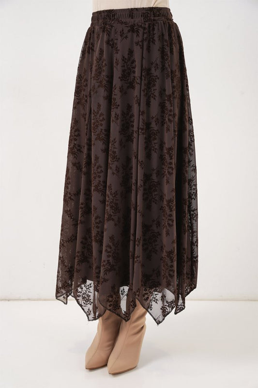 Desenli Astarlı Etek 8059 - Kahverengi