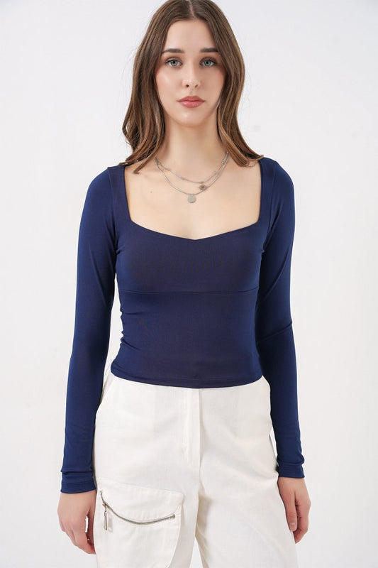 Kare Yaka Slim Fit Bluz 986 - Lacivert