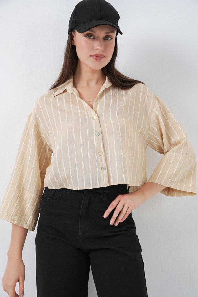 Çizgili Oversize Kısa Gömlek 20326 - Bej