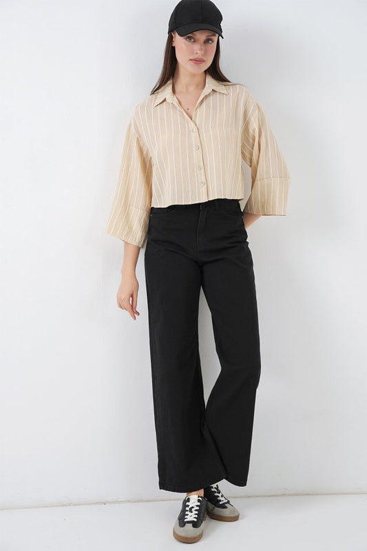 Çizgili Oversize Kısa Gömlek 20326 - Bej