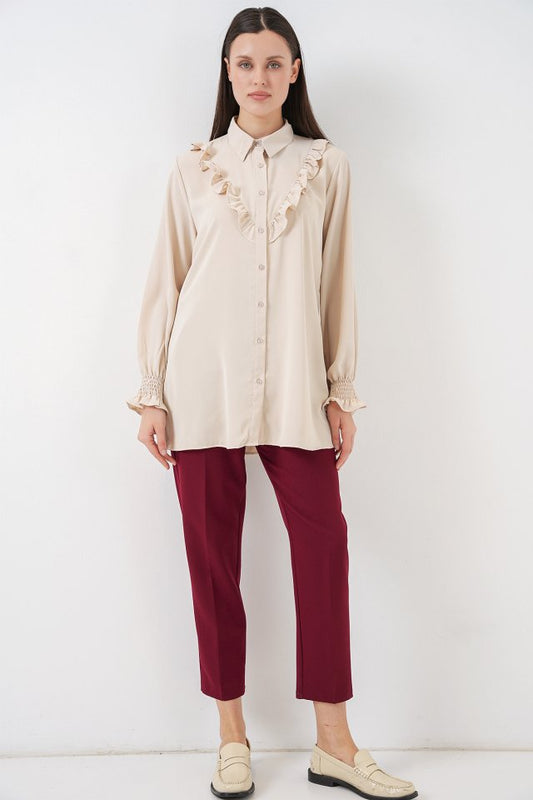 Fırfırlı Uzun Gömlek Tunik 5986 - Krem