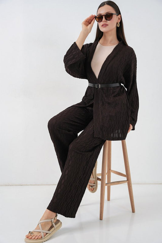 Kimono Pantolon İkili Takım 30078 - Kahverengi