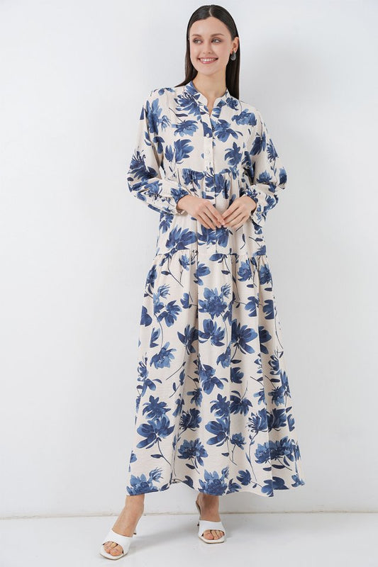 Lilyum Kumaş Uzun Tesettür Elbise 2593 - İndigo