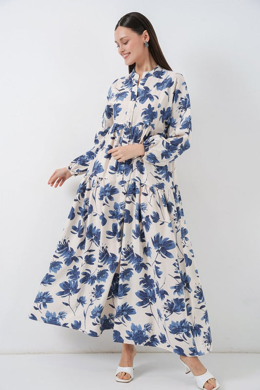 Lilyum Kumaş Uzun Tesettür Elbise 2593 - İndigo