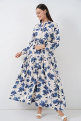 Lilyum Kumaş Uzun Tesettür Elbise 2593 - İndigo