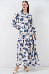 Lilyum Kumaş Uzun Tesettür Elbise 2593 - İndigo