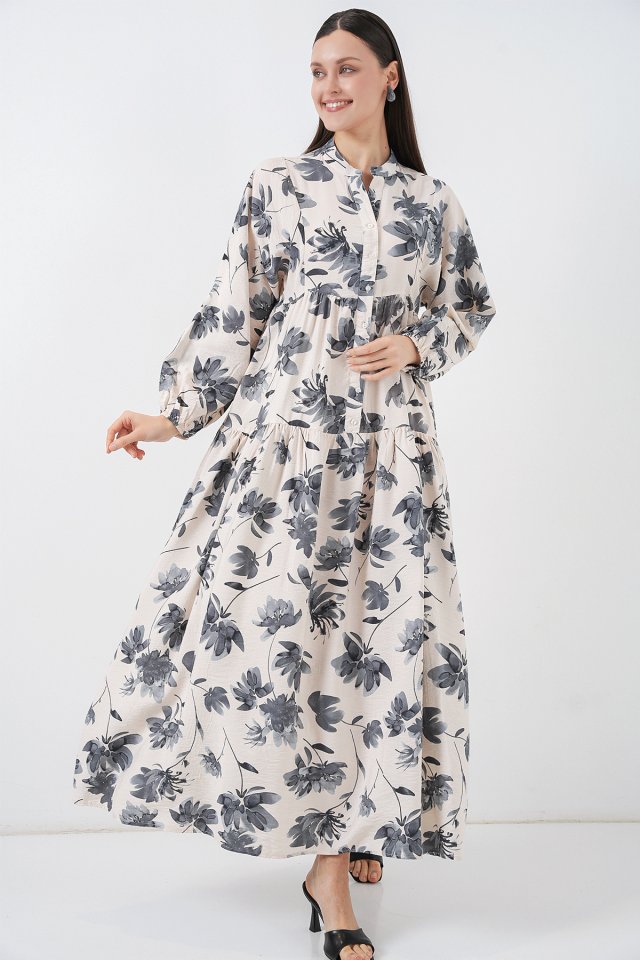 Lilyum Kumaş Uzun Tesettür Elbise 2593 - İndigo