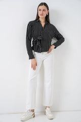 Önü Bağlamalı Çizgili Gömlek 20362 - Pembe