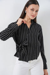 Önü Bağlamalı Çizgili Gömlek 20362 - Pembe