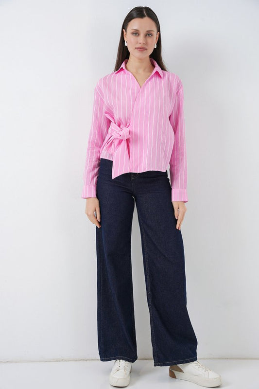 Önü Bağlamalı Çizgili Gömlek 20362 - Pembe