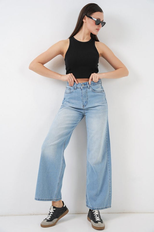 Bol Paça Yüksek Bel Palazzo Kot Pantolon 6656 - Açık Mavi