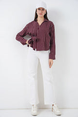 Önü Bağlamalı Çizgili Gömlek 20362 - E.Yeşil