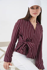 Önü Bağlamalı Çizgili Gömlek 20362 - E.Yeşil