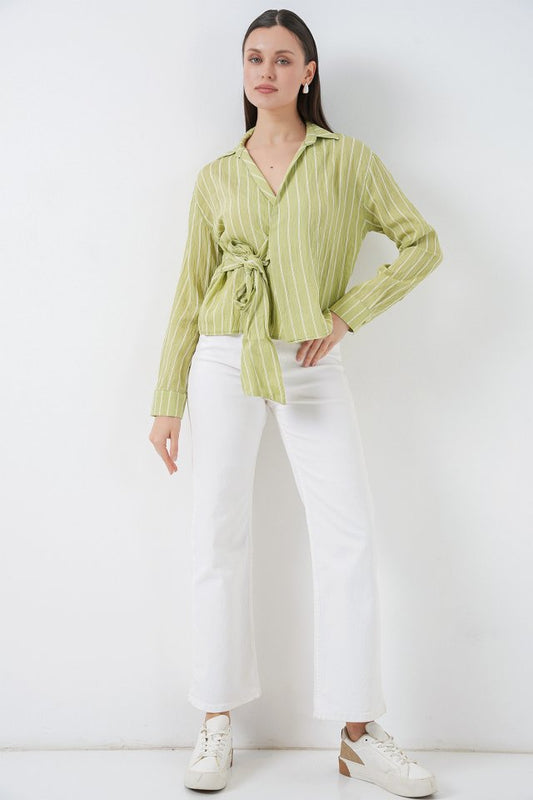 Önü Bağlamalı Çizgili Gömlek 20362 - E.Yeşil