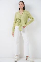 Önü Bağlamalı Çizgili Gömlek 20362 - E.Yeşil