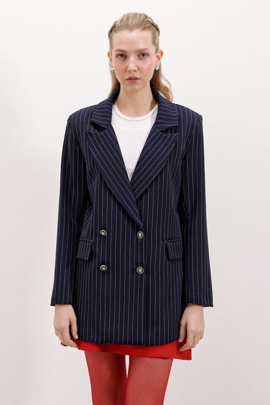 Lacivert Çift Düğmeli Çizgili Blazer Ceket 0699