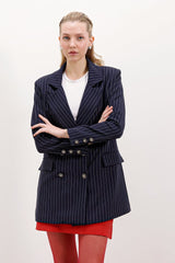 Lacivert Çift Düğmeli Çizgili Blazer Ceket 0699