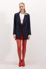 Lacivert Çift Düğmeli Çizgili Blazer Ceket 0699