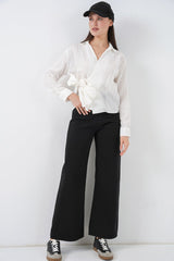 Önü Bağlamalı Çizgili Gömlek 20362 - Bej