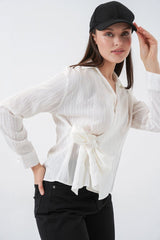 Önü Bağlamalı Çizgili Gömlek 20362 - Bej