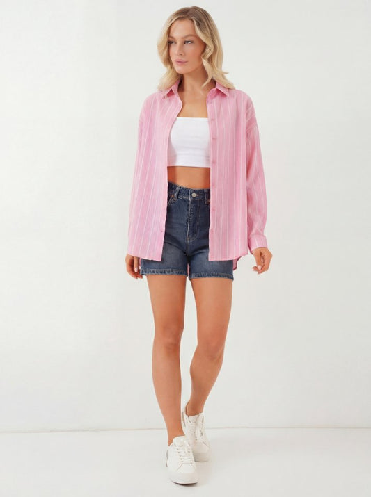 Çizgili Oversize Gömlek 20293 - Pembe