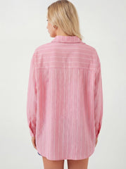 Çizgili Oversize Gömlek 20293 - Pembe