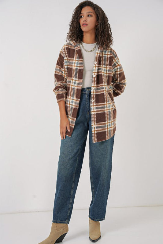 0710 Kapüşonlu Oversize Gömlek - C. Kahverengi