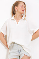 Beyaz Oversize Polo Yaka Örme Bluz 0486