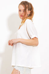 Beyaz Oversize Polo Yaka Örme Bluz 0486