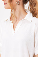 Beyaz Oversize Polo Yaka Örme Bluz 0486