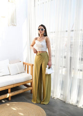 Keten Önü Çapraz Parçali Lasti̇kli̇ Ve Bağcikli Geni̇ş Paça Pantolon