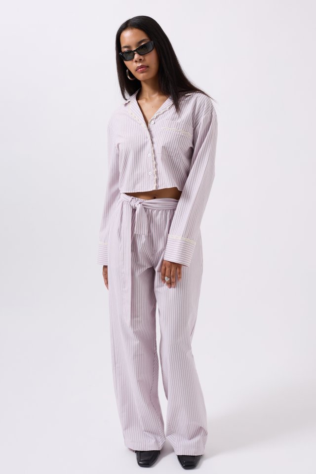 Kuşak Detay Çizgili Pantolon