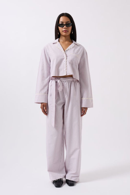 Kuşak Detay Çizgili Pantolon