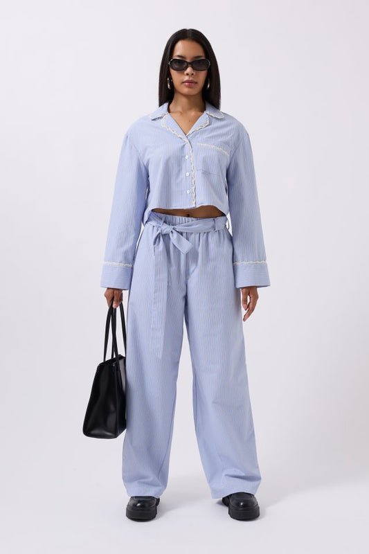 Kuşak Detay Çizgili Pantolon