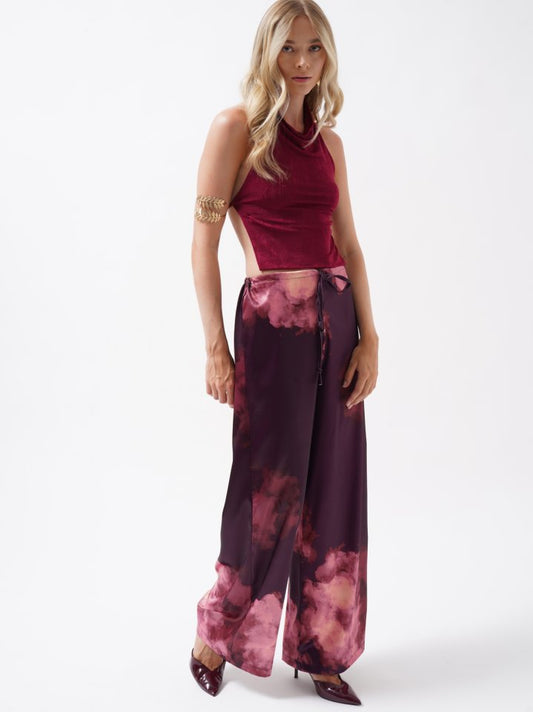 Bel Lastikli Desenli Saten Pantolon