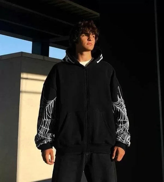 Erkek Bape Spider Baskılı Oversize Hırka - Siyah