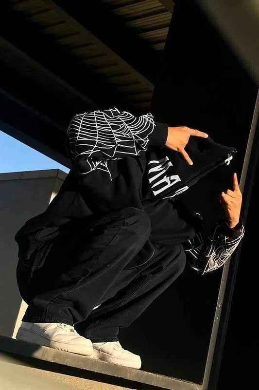 Erkek Bape Spider Baskılı Oversize Hırka - Siyah