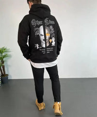 Erkek Sırt Baskılı Oversize Üç İplik Kapüşonlu Sweatshirt - Siyah